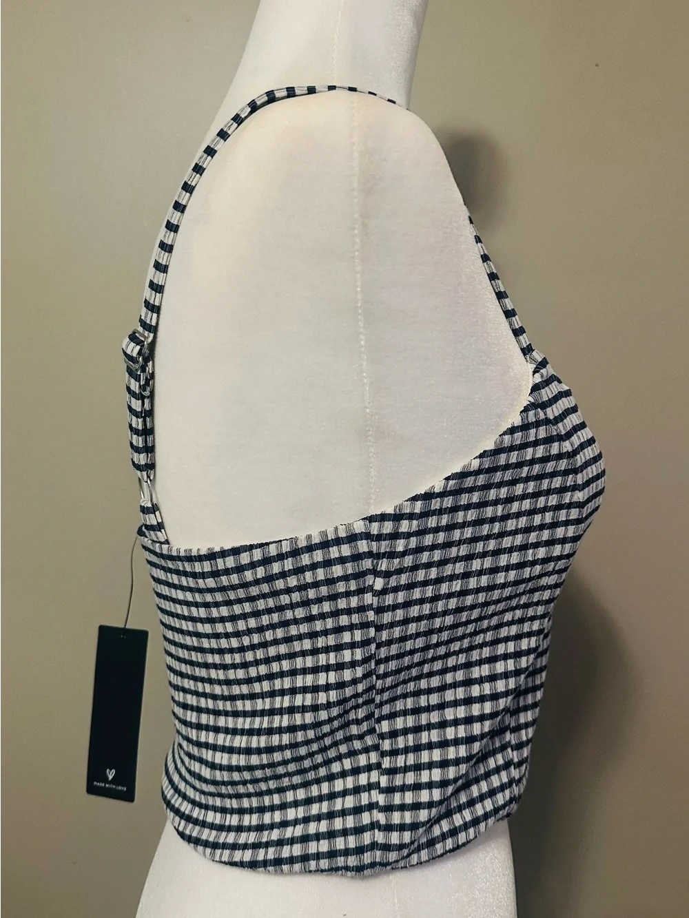 NWT Navy Blue Gingham Square Neck Cropped Tank Top - Medium